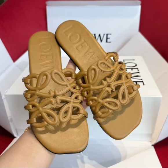 Loewe Tan Leather Anagram Slide Sandals